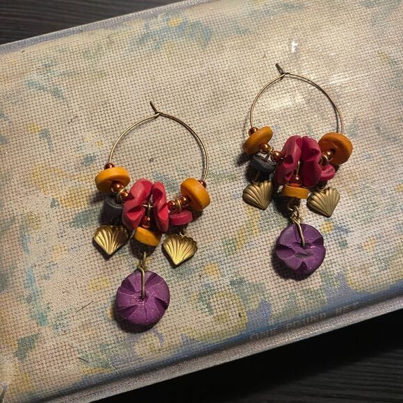 Vintage 1980s Hoop Earrings with Bold Colorful Beads and Charms - Picture 2 of 4